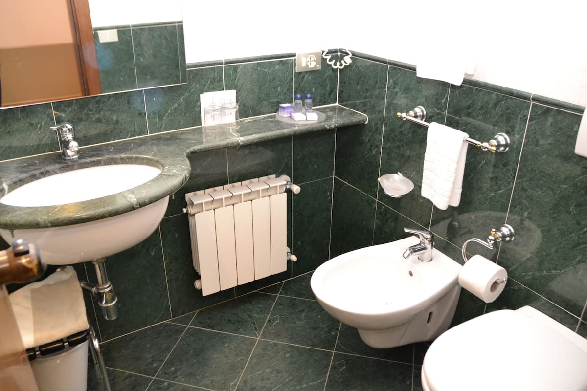 combined shower/bathtub, free toiletries, hair dryer, slippers
