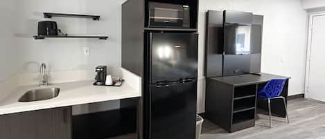 Fridge, microwave, coffee/tea maker