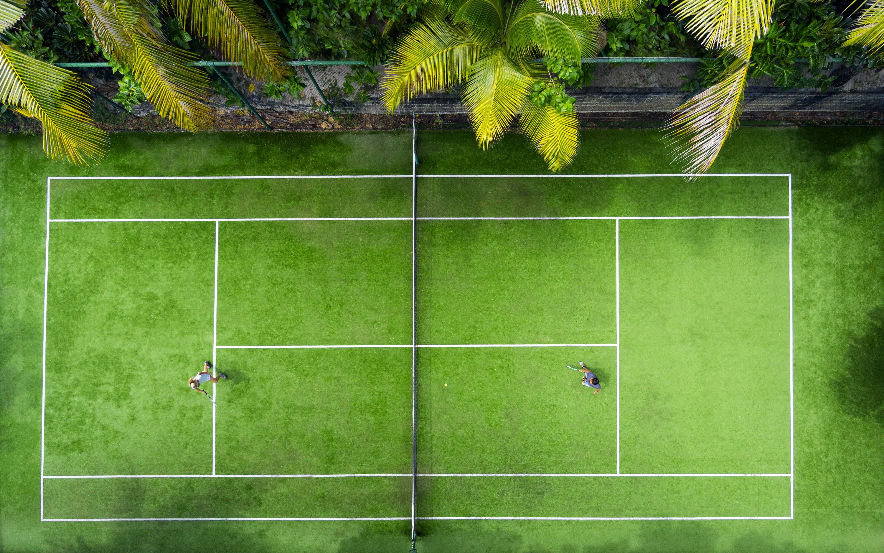 A tennis court with a net in the center, surrounded by lush greenery and palm trees.