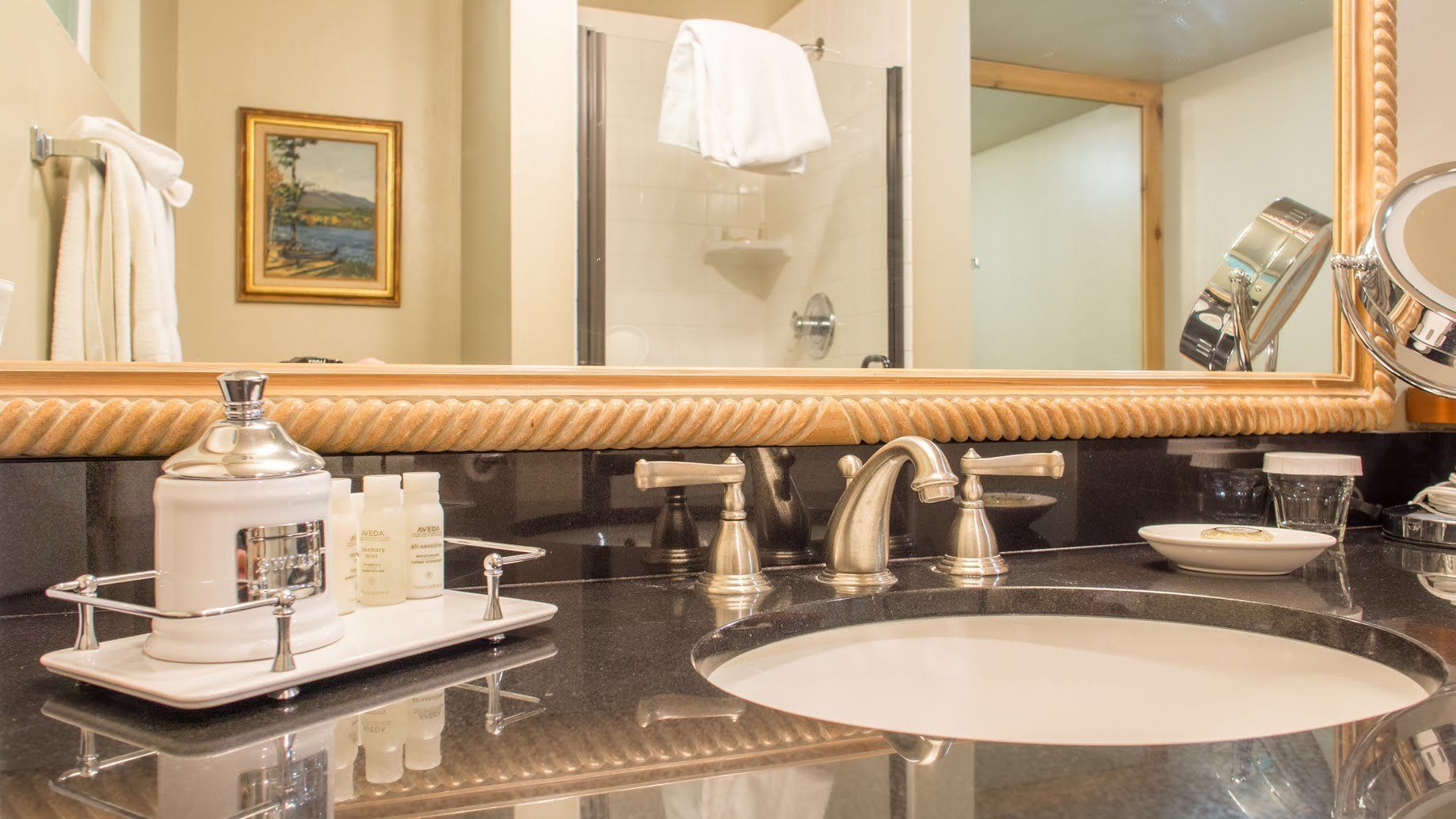 designer toiletries, hair dryer, bathrobes, towels