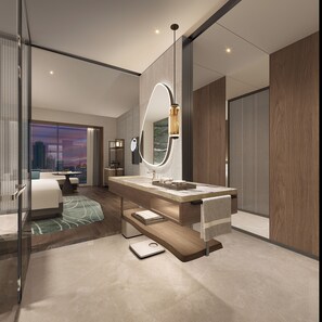 A modern hotel room with a large mirror, a vanity with a marble countertop, and a view of the cityscape. - The Westin Tianjin (Tianjin)