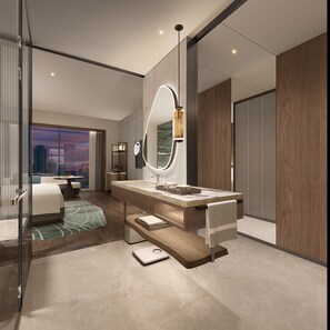 A modern hotel room with a large mirror, a vanity with a marble countertop, and a view of the cityscape through the window. - The Westin Tianjin (Tianjin)
