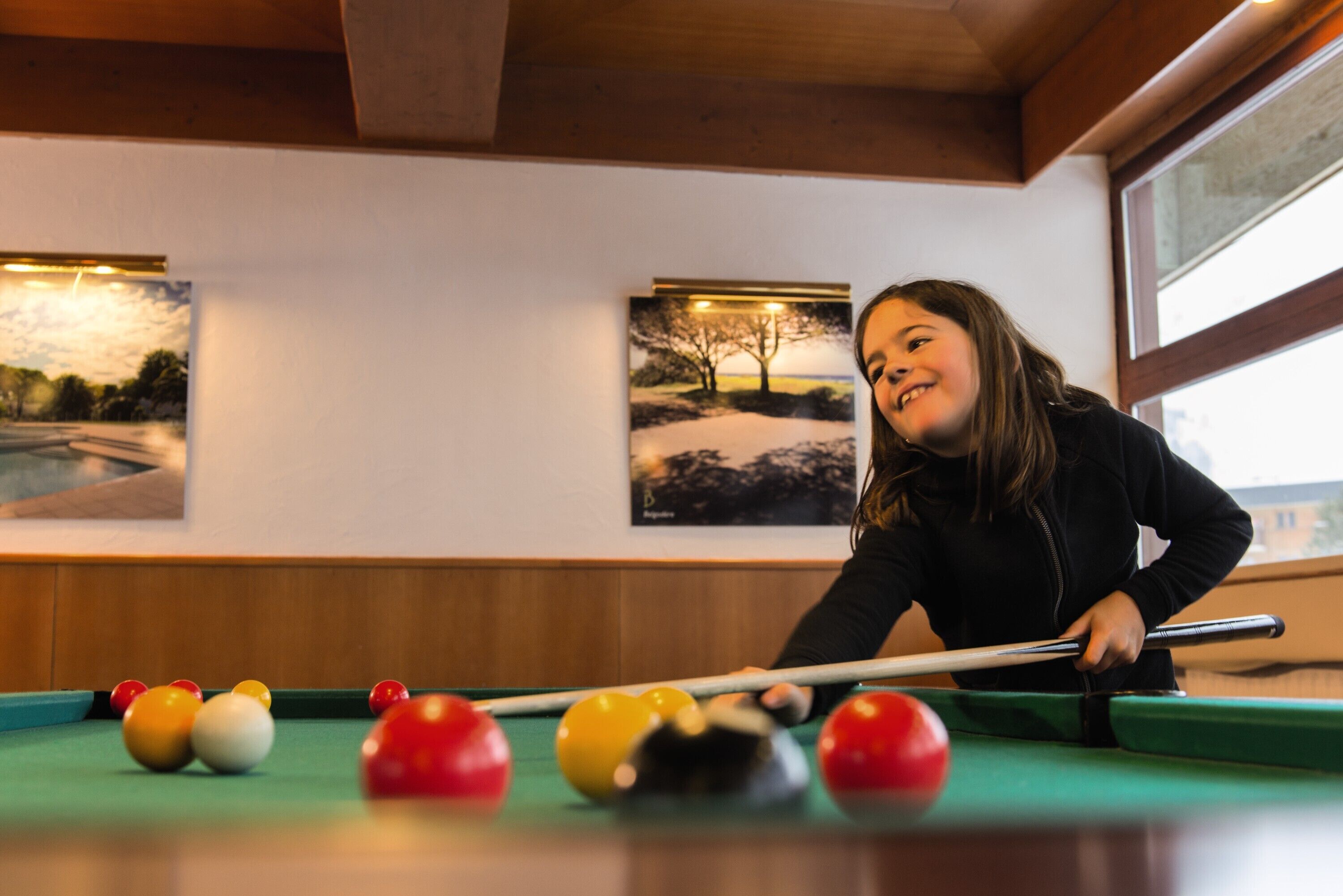 A pool table with balls and a person playing. There are two framed pictures on the wall behind the table.