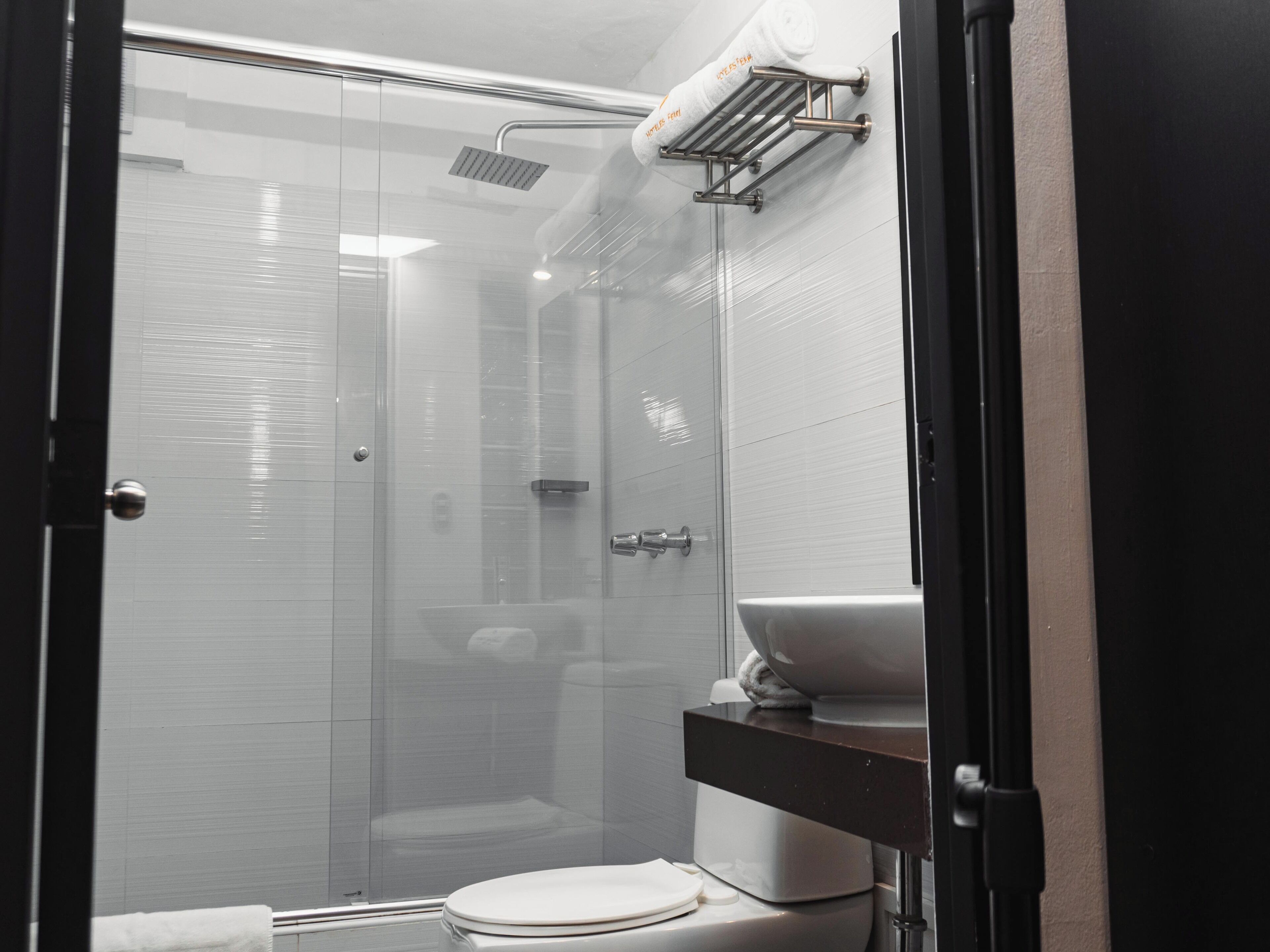 A modern bathroom with a glass-enclosed shower, a white toilet, and a sink with a mirror above it.