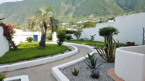 Un patio ajardinado con un sendero curvo, palmeras y vistas a un pueblo en la colina.