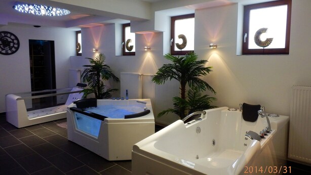 Un baño moderno con una bañera grande, zona de ducha separada y un rincón de descanso con una planta.