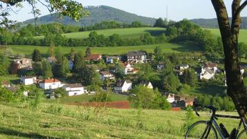 A rural landscape with houses and a bicycle.