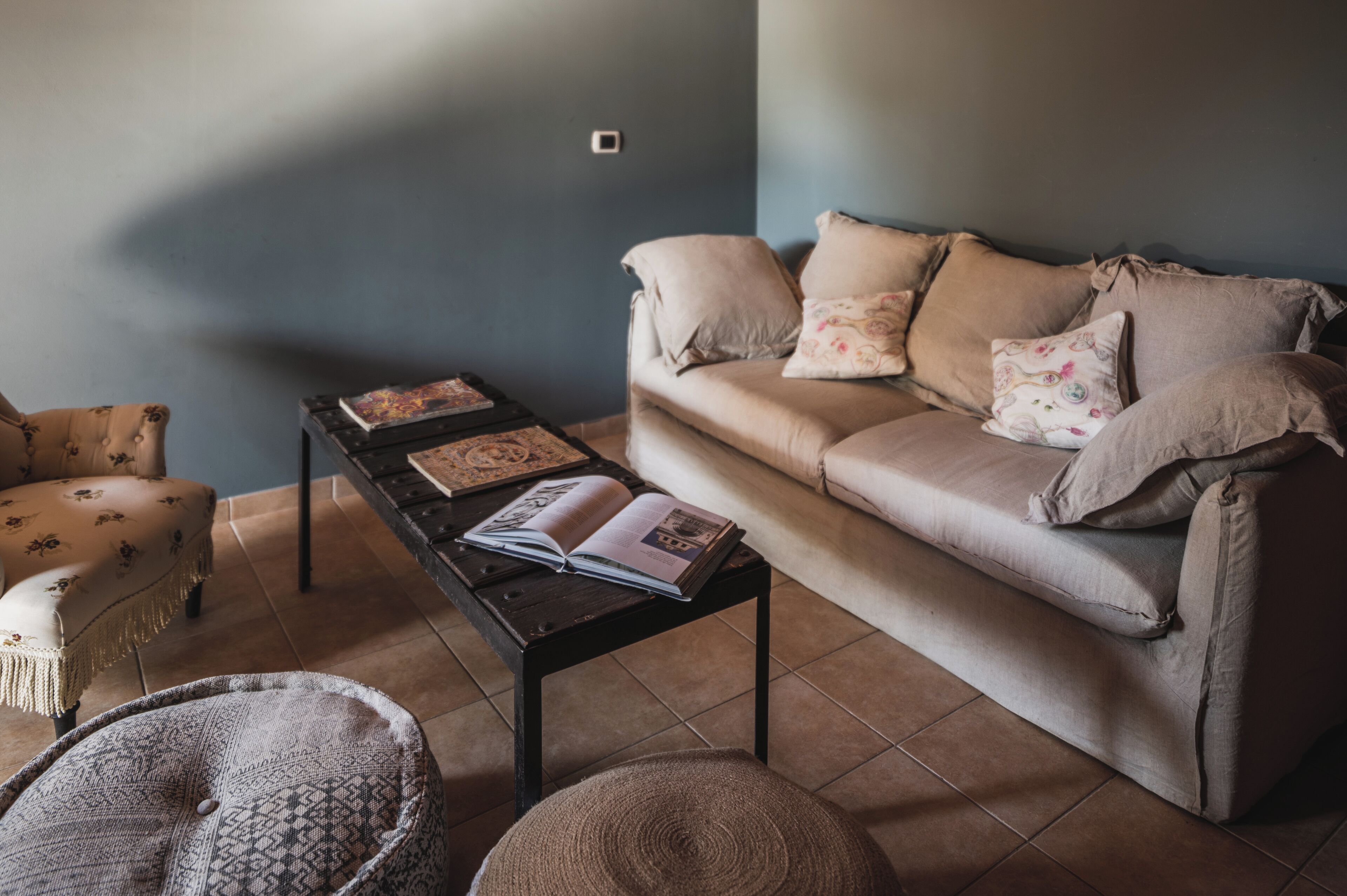 Un salon comprenant un canapé, un fauteuil, une table basse et un petit tapis.