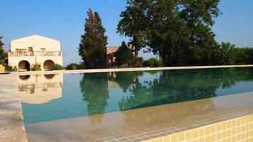 Sesongbasert utendørsbasseng, bassengparasoller og solsenger