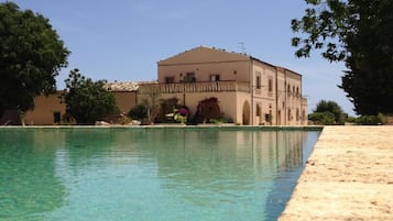 Seasonal outdoor pool, pool umbrellas, sun loungers