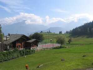 Uma casa de campo com telhado inclinado, rodeada por um campo verde e com uma montanha ao fundo.