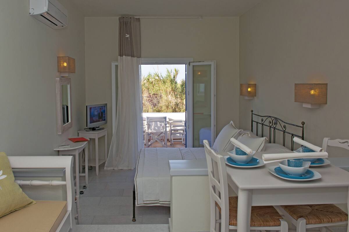 A room with a bed, a TV, a dining table with blue plates, and a view of the outdoors.