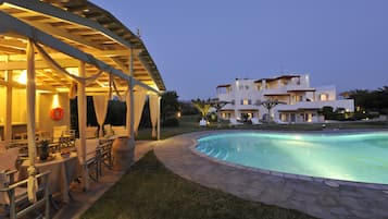 Outdoor pool, pool umbrellas, pool loungers