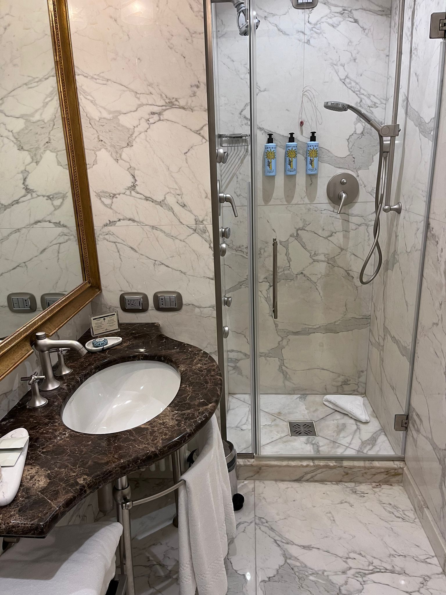 A bathroom with a marble sink, a glass-enclosed shower, and toiletries on the wall.