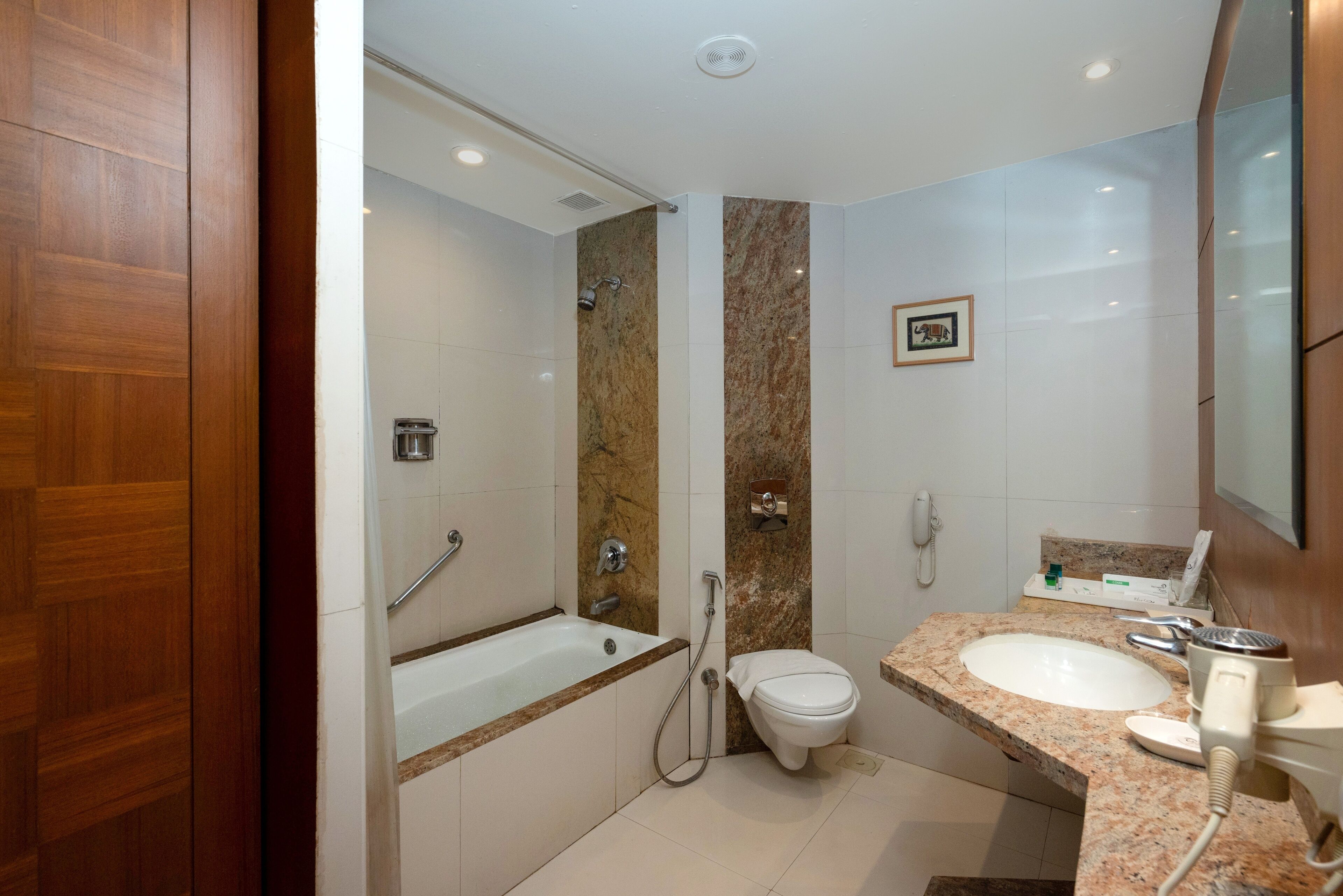 A modern bathroom with a bathtub, shower, toilet, and sink.