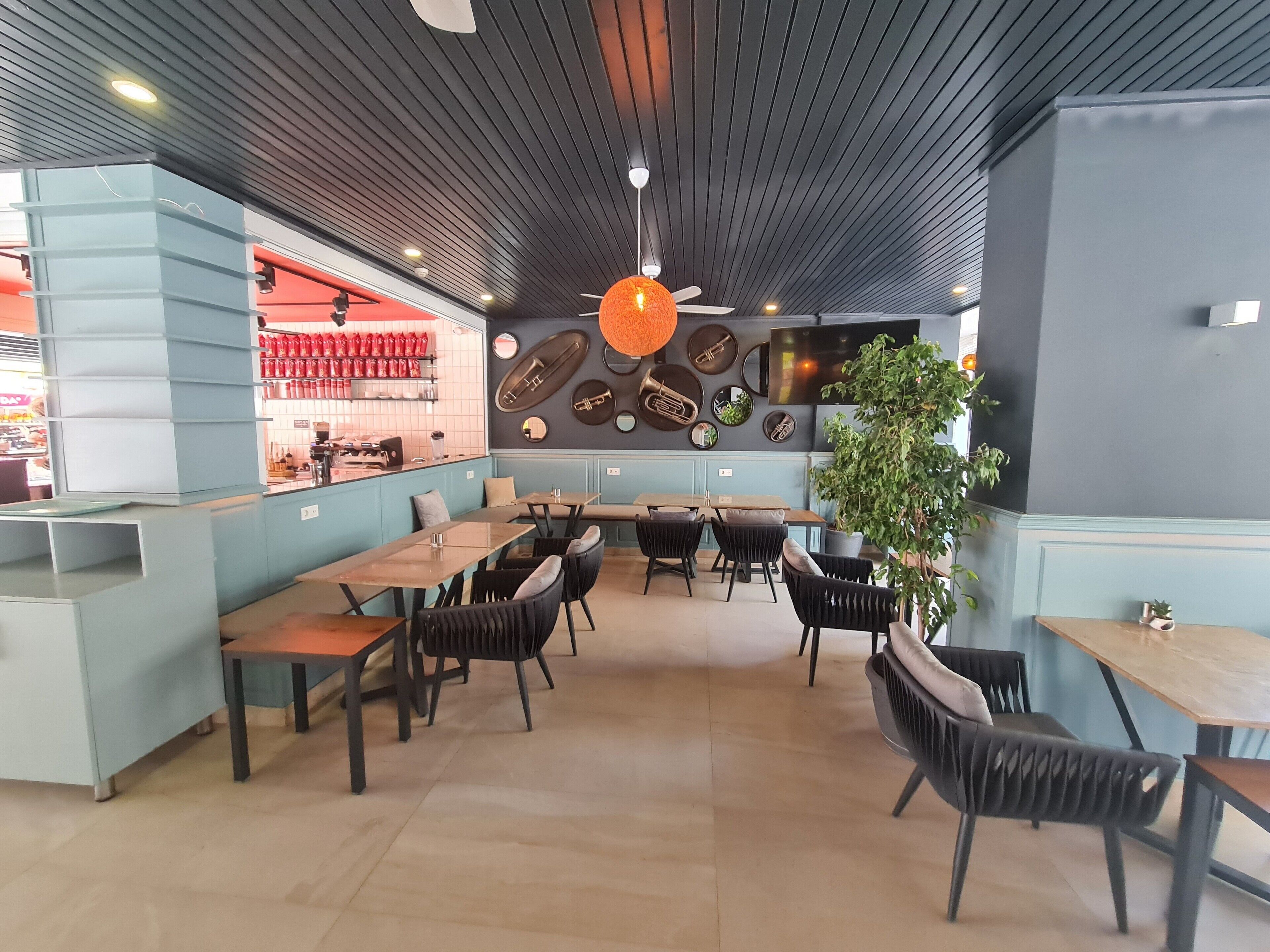 Interior modern d'un restaurant amb barra, seients disposats i una planta gran.