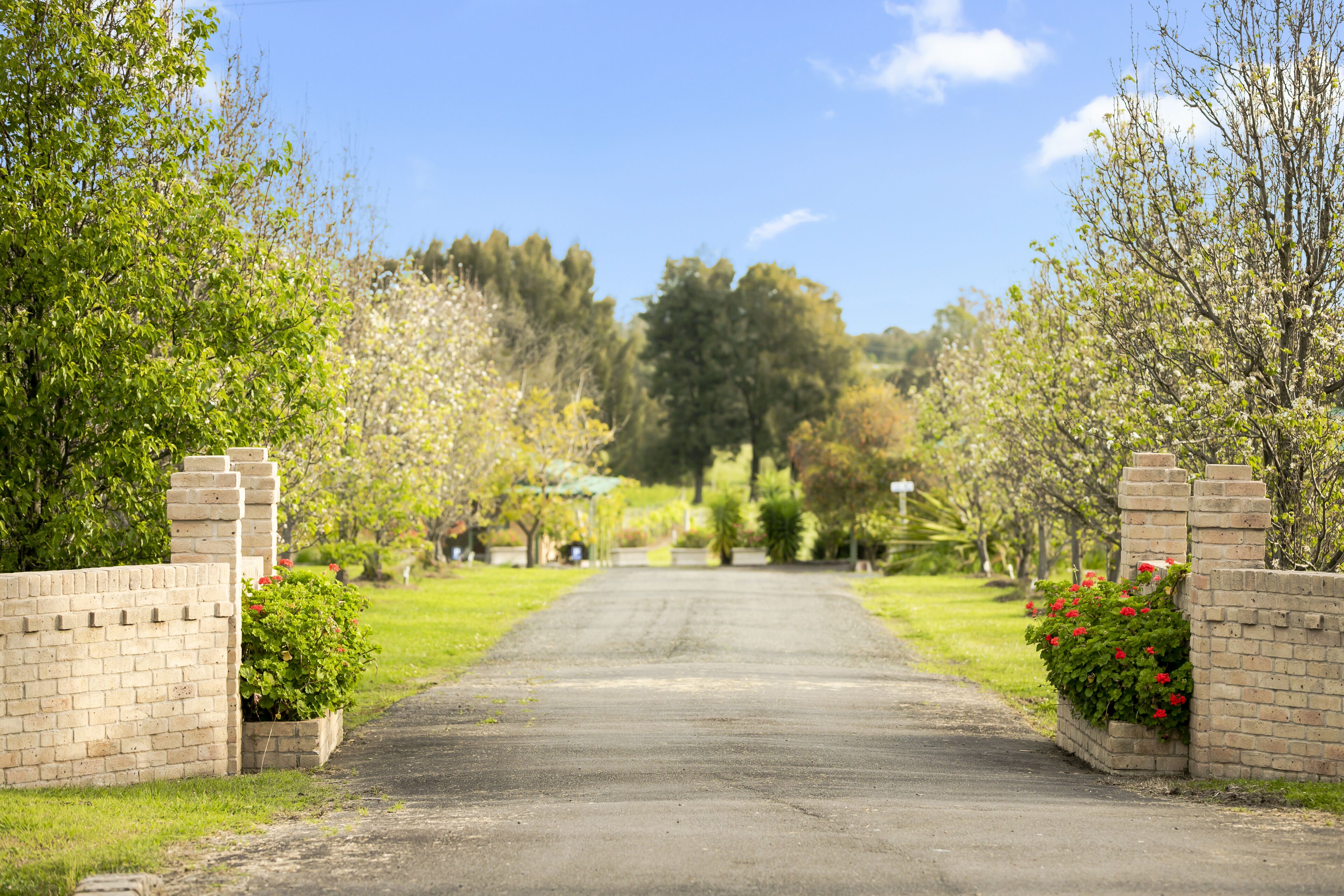 A paved driveway leading to a gated entrance with brick walls and flowering plants.