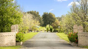 A paved driveway leading to a gated entrance with brick walls and flowering plants.