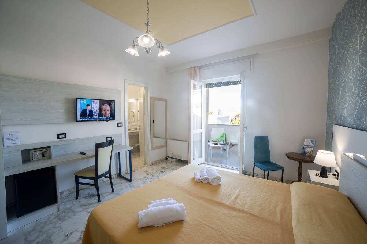 A hotel room with a bed, a desk, a chair, a TV, and a balcony.
