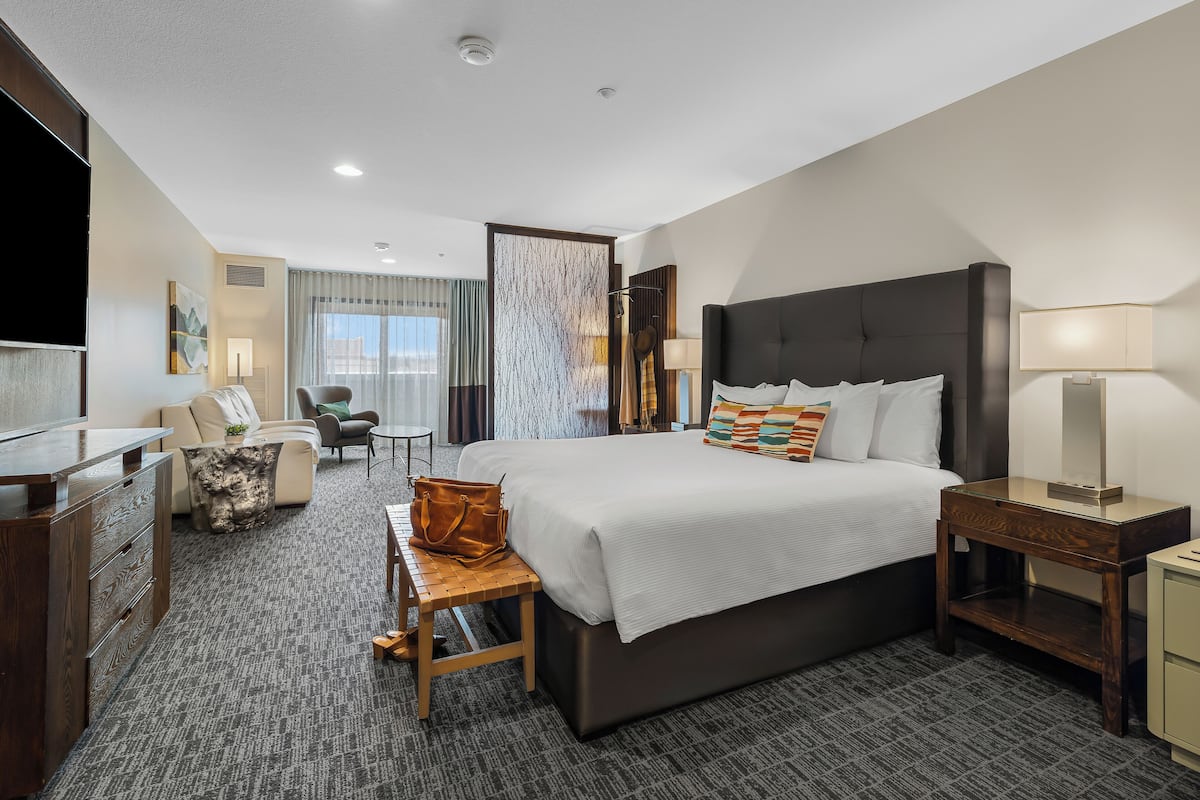 A hotel room with a large bed, a desk with a chair, a sofa, a TV, and a window with curtains.