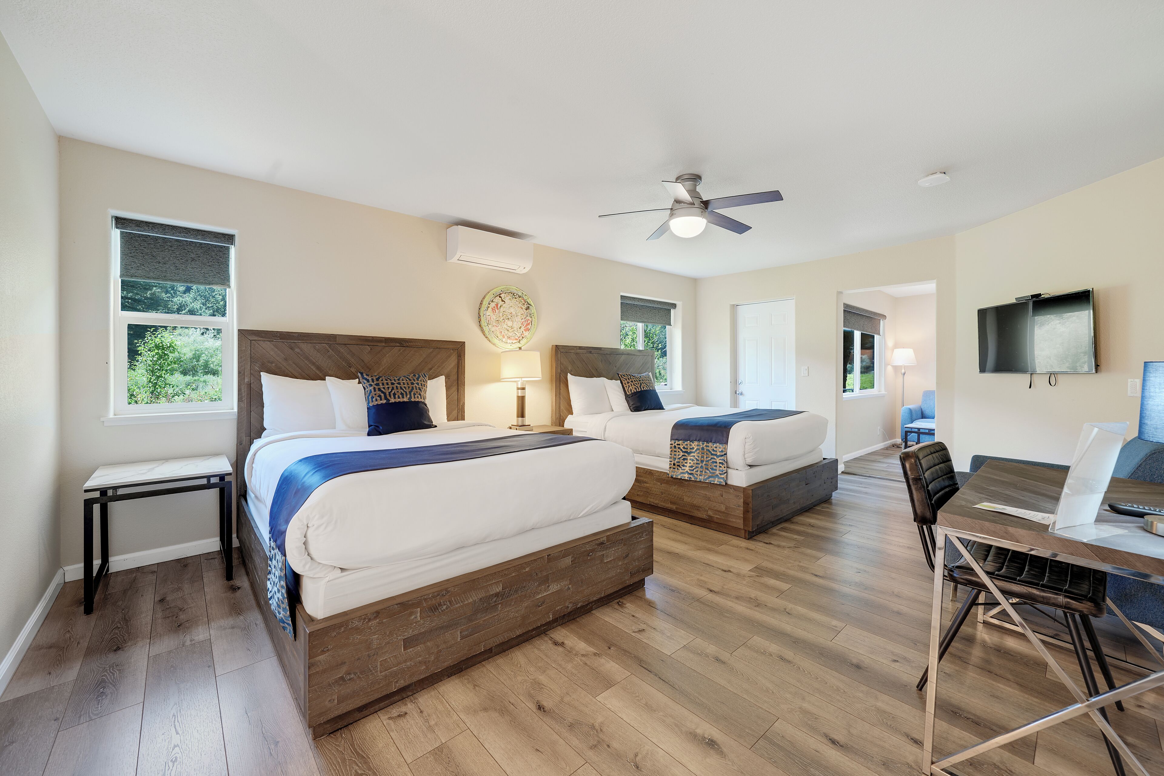 Deluxe Suite, 2 Queen Beds, Patio | Egyptian cotton sheets, premium bedding, pillowtop beds, desk