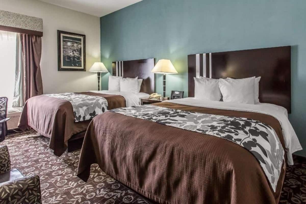 A hotel room with two beds, a desk, a chair, a lamp, and a framed picture on the wall.