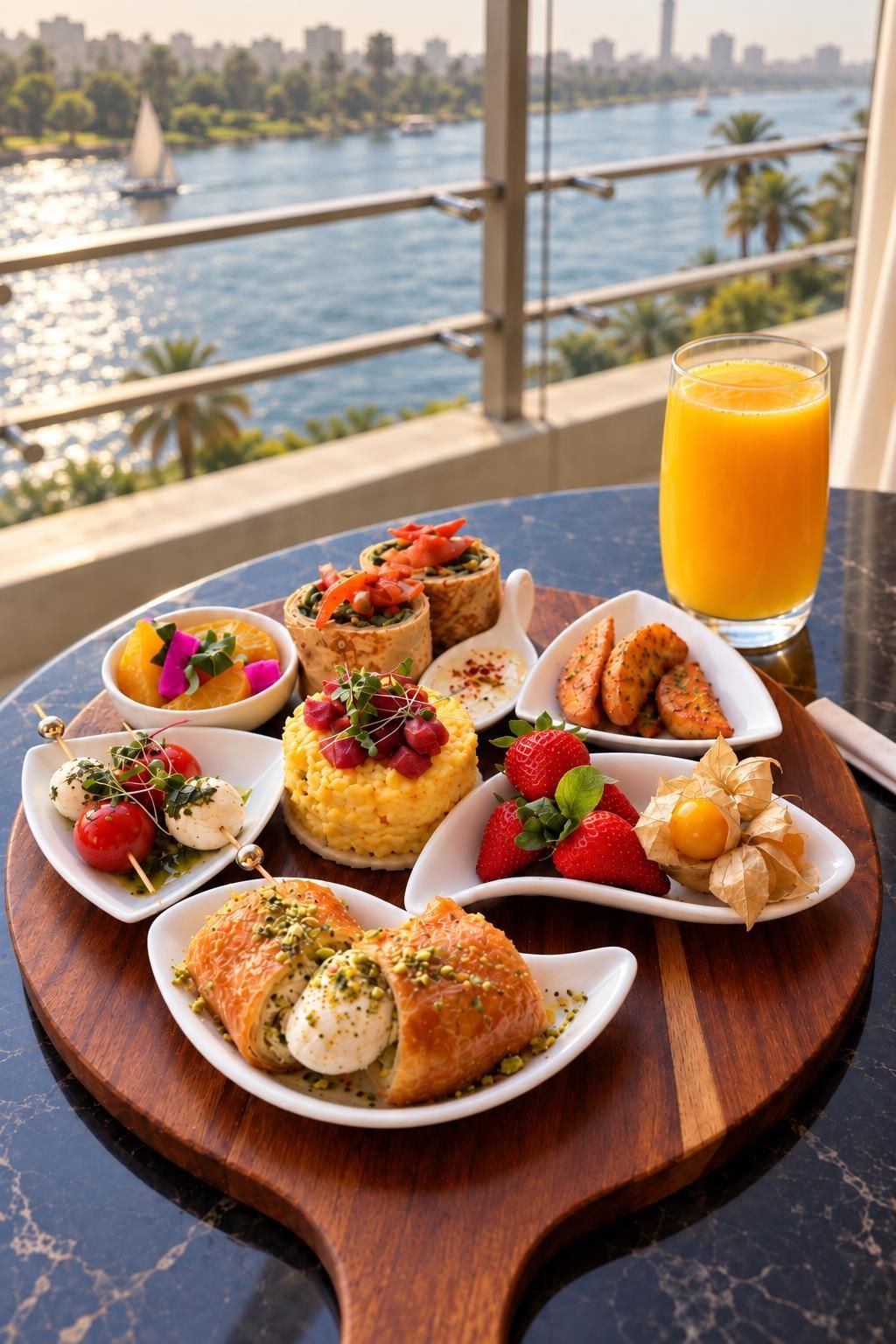 A table with various dishes and a glass of orange juice, set against a view of a river and city skyline.