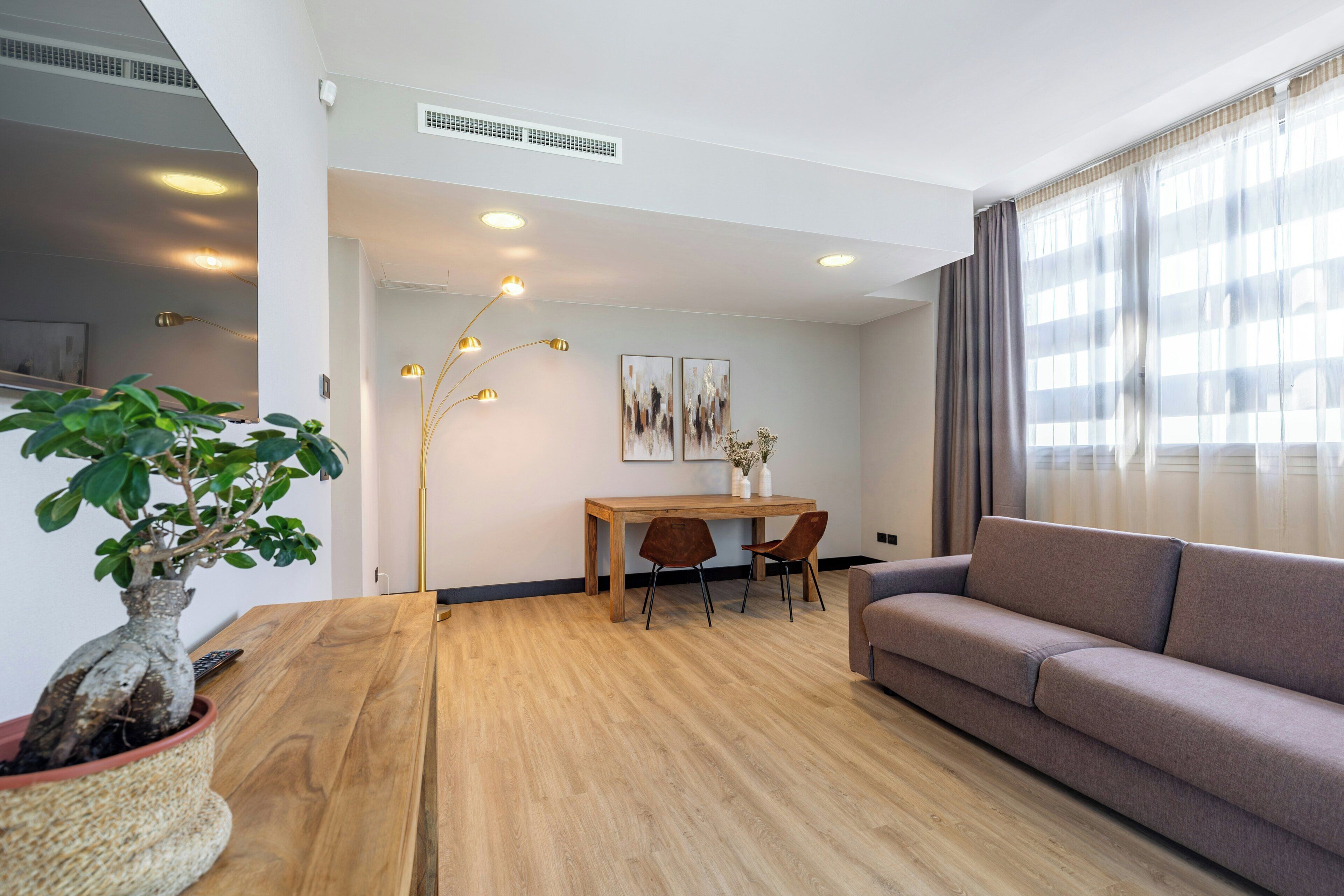 A modern living room with a wooden floor, a sofa, a dining table with chairs, and a potted plant.