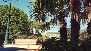 Una mesa con una bebida, zanahorias y un farol en un jardín.