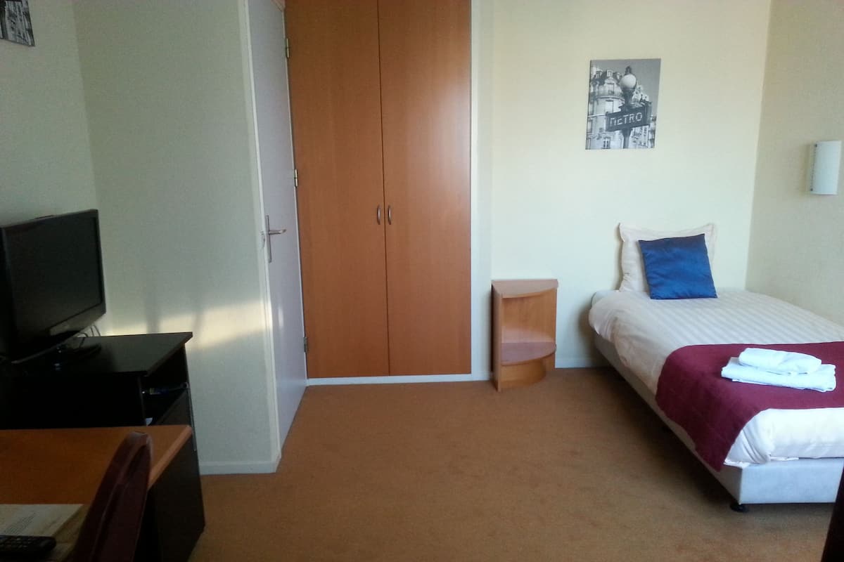 Une chambre d’hôtel avec un lit, une télévision, une armoire et une petite table de chevet.