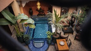 Un área de piscina en la azotea con zona de estar, plantas en macetas y una lámpara decorativa.