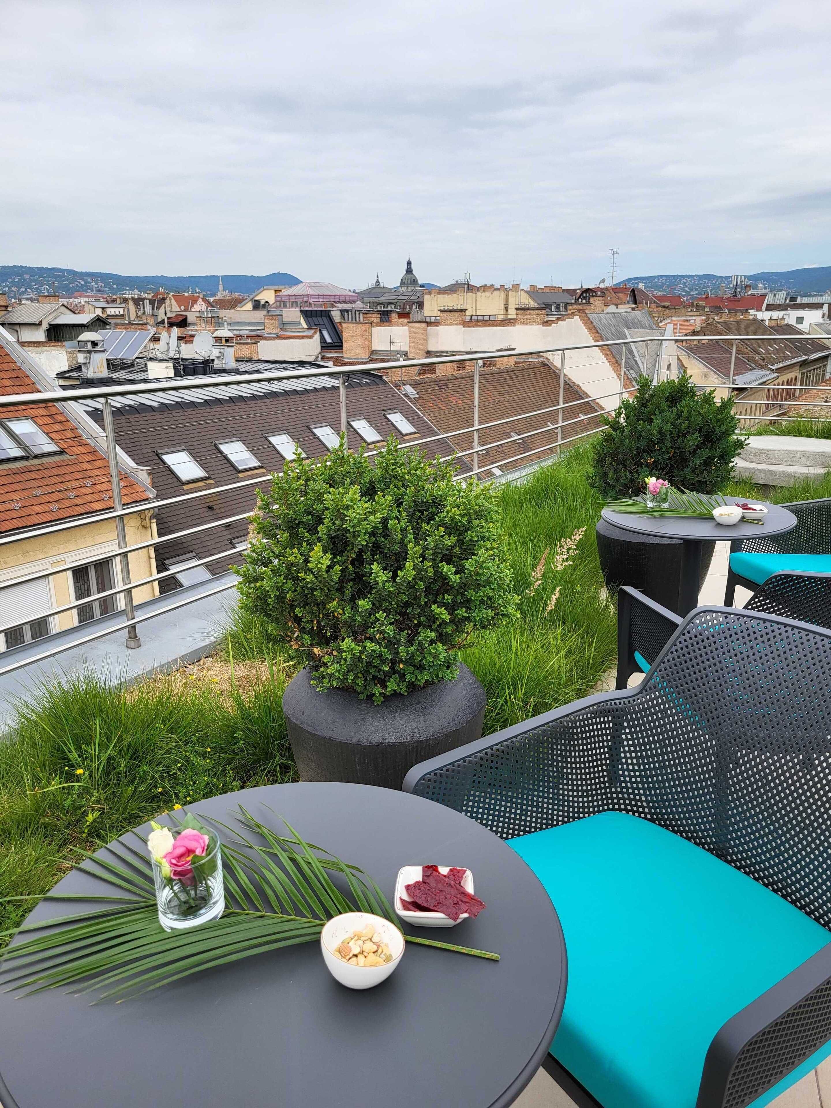 A rooftop terrace with a view of the city, featuring outdoor seating with a table, chairs, and a potted plant.