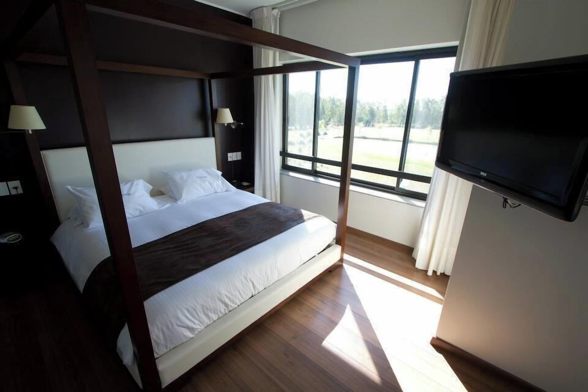 A four-poster bed with a television on the wall, a large window, and a view of the outdoors.