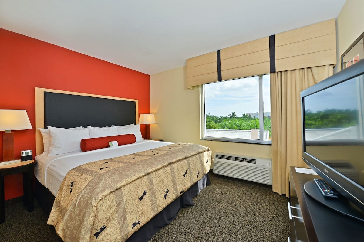 Una habitación de hotel con cama, dos lámparas de noche, televisor y ventana con vistas.