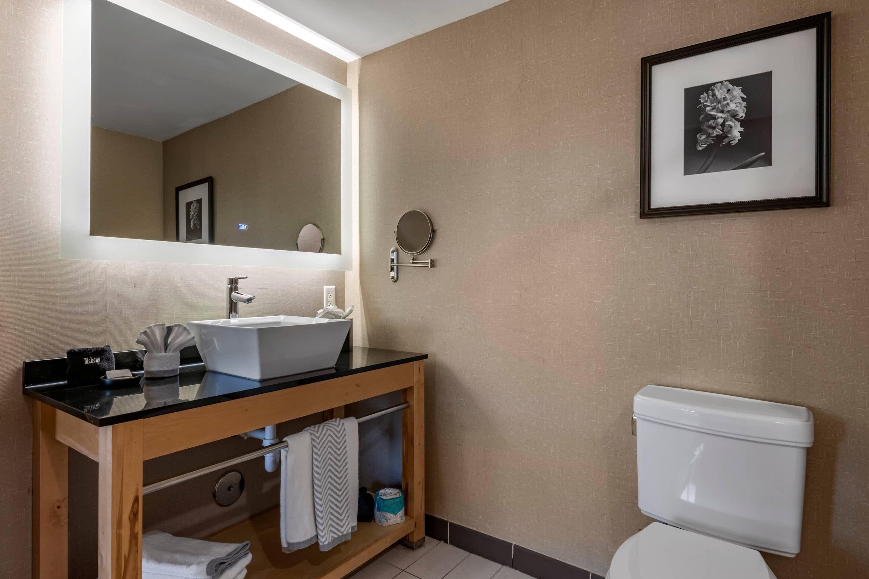 Een badkamer met een wastafel, spiegel en toilet.