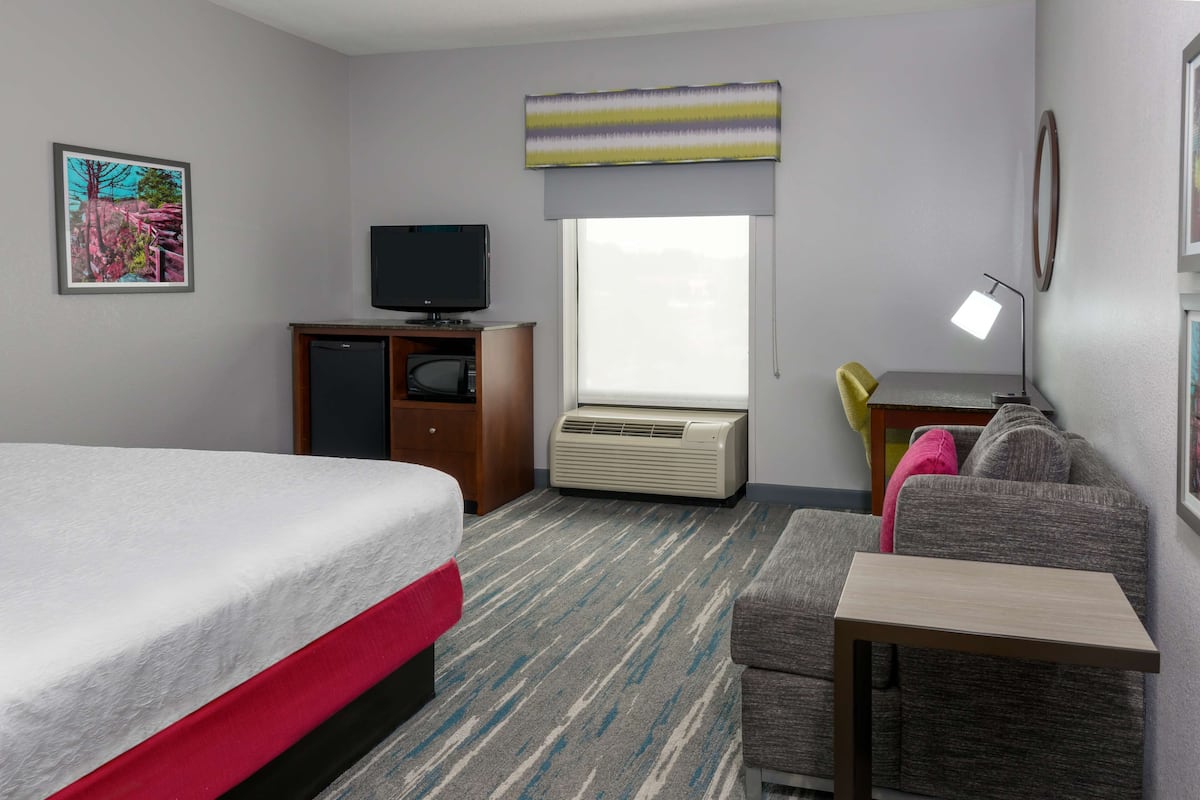A hotel room with a bed, a sofa, a small table, a TV, an air conditioner, and a window with a view.