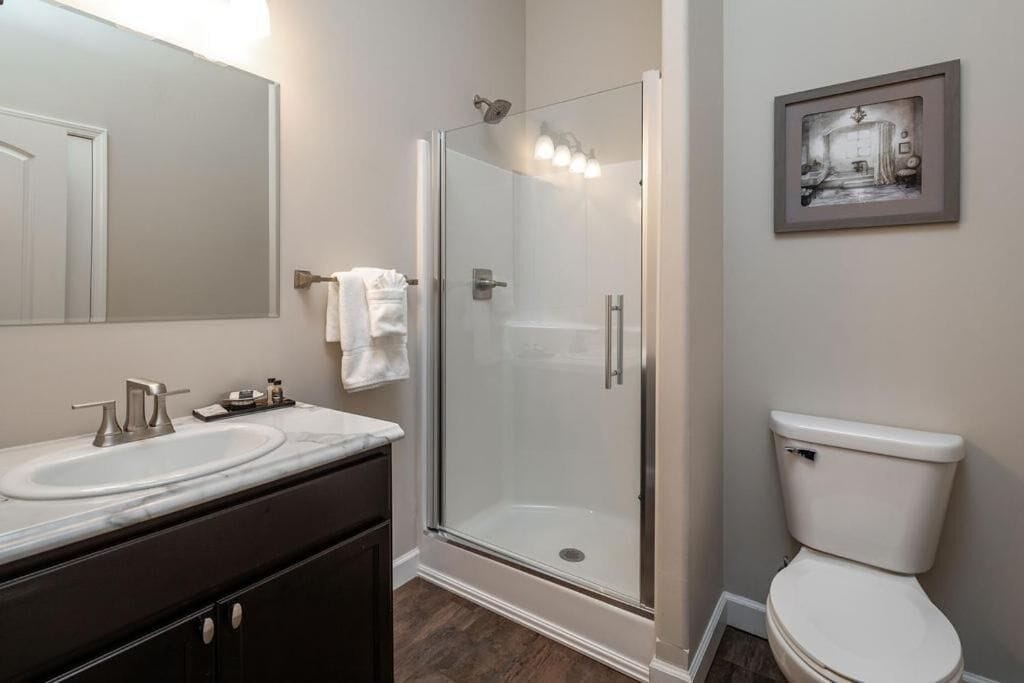 Une salle de bain avec une douche à parois de verre, des toilettes blanches et un grand miroir.
