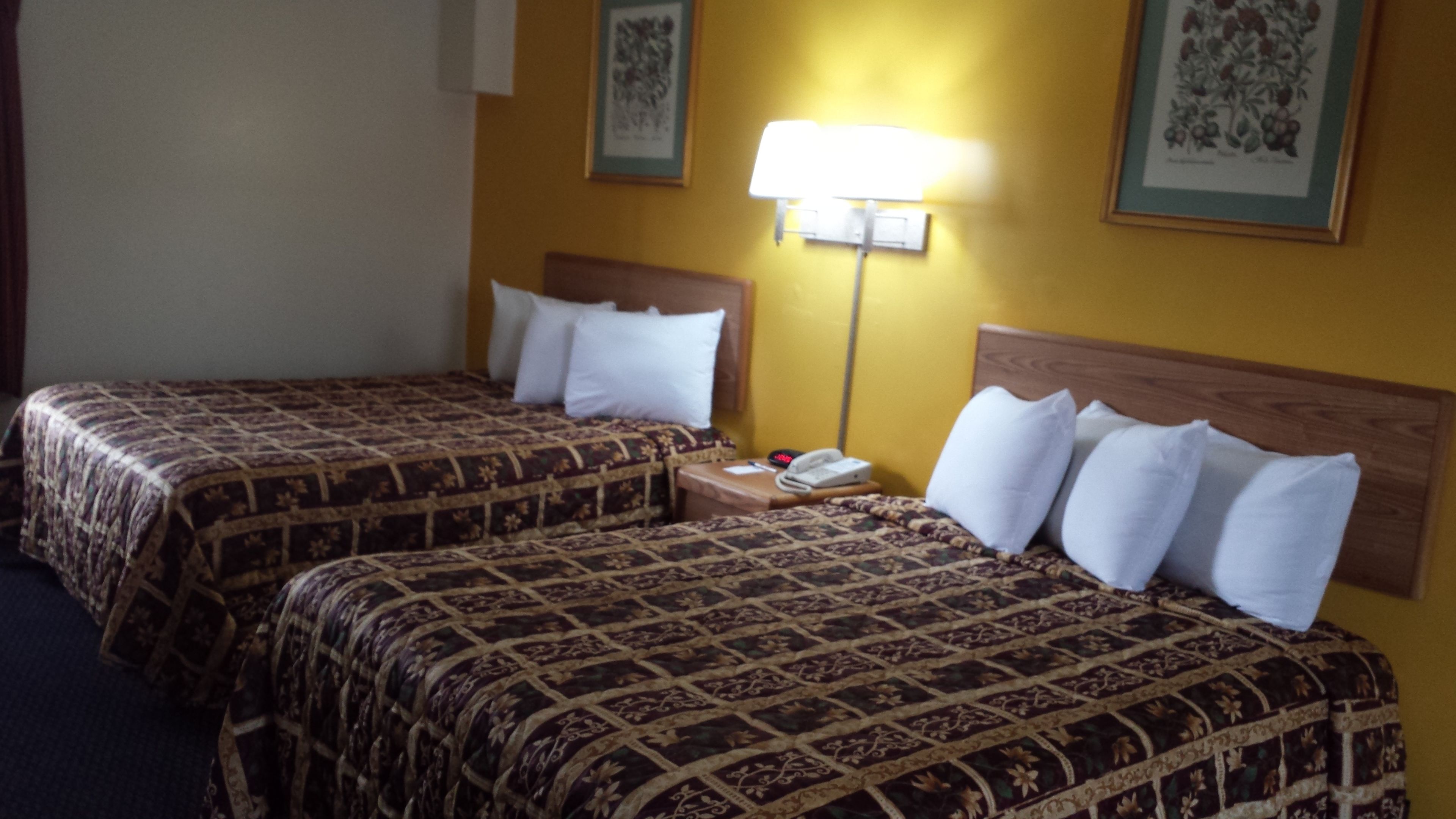 A hotel room with two beds, a nightstand, a lamp, and framed pictures on the wall.