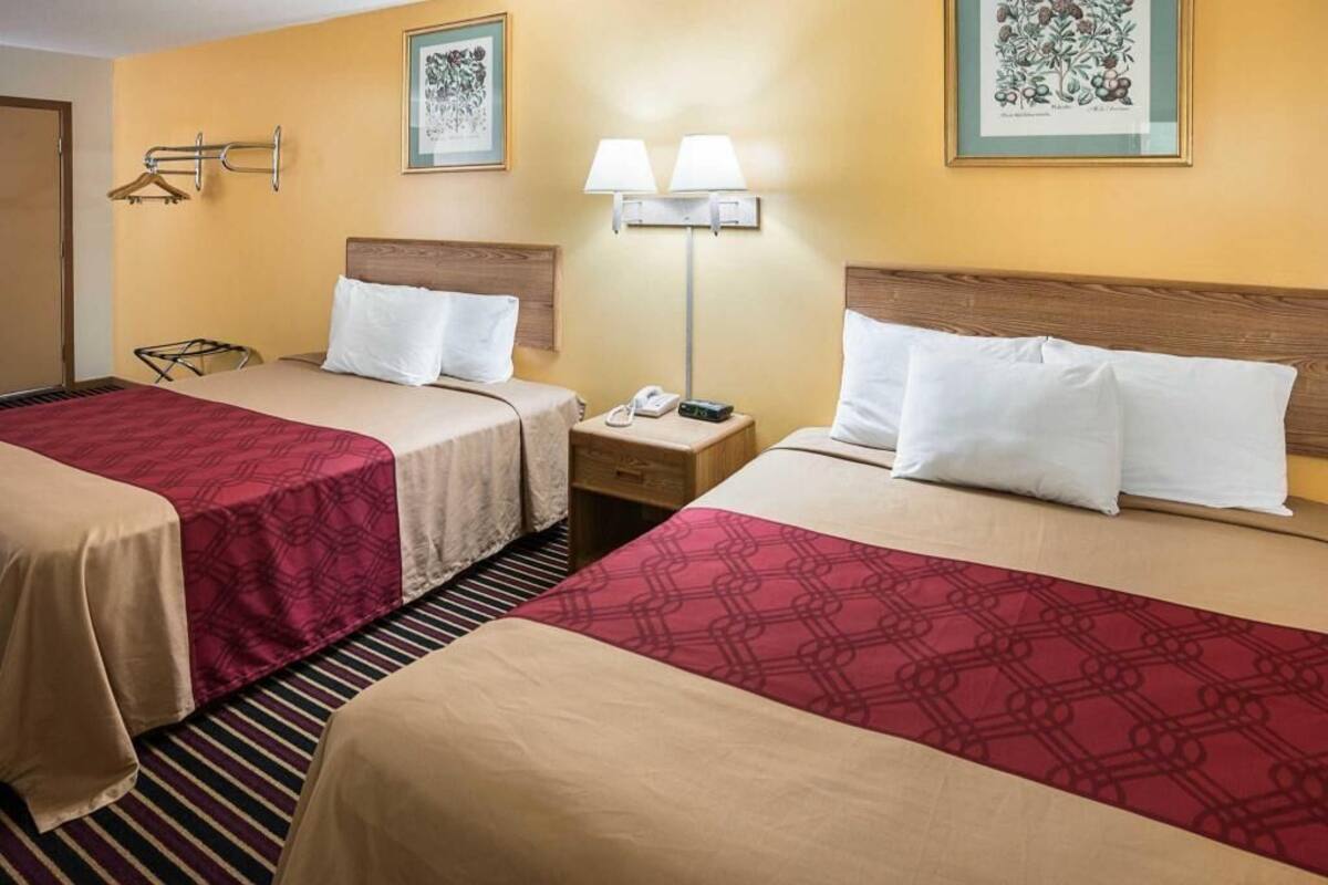 A hotel room with two beds, a bedside table with a lamp, a coat rack, and two framed botanical illustrations on the wall.