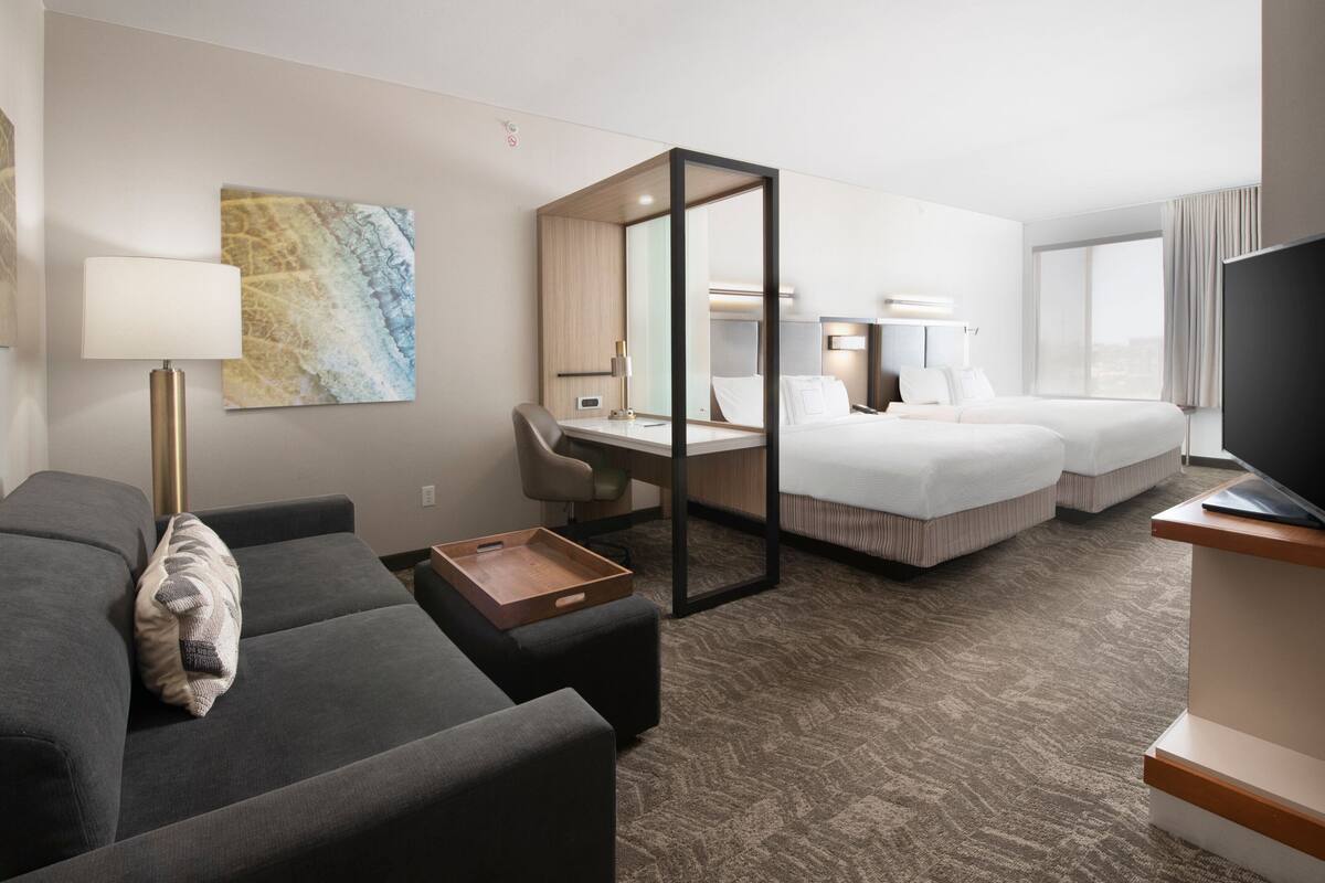 A hotel room with a sofa, a desk, a bed, a TV, and a large window.