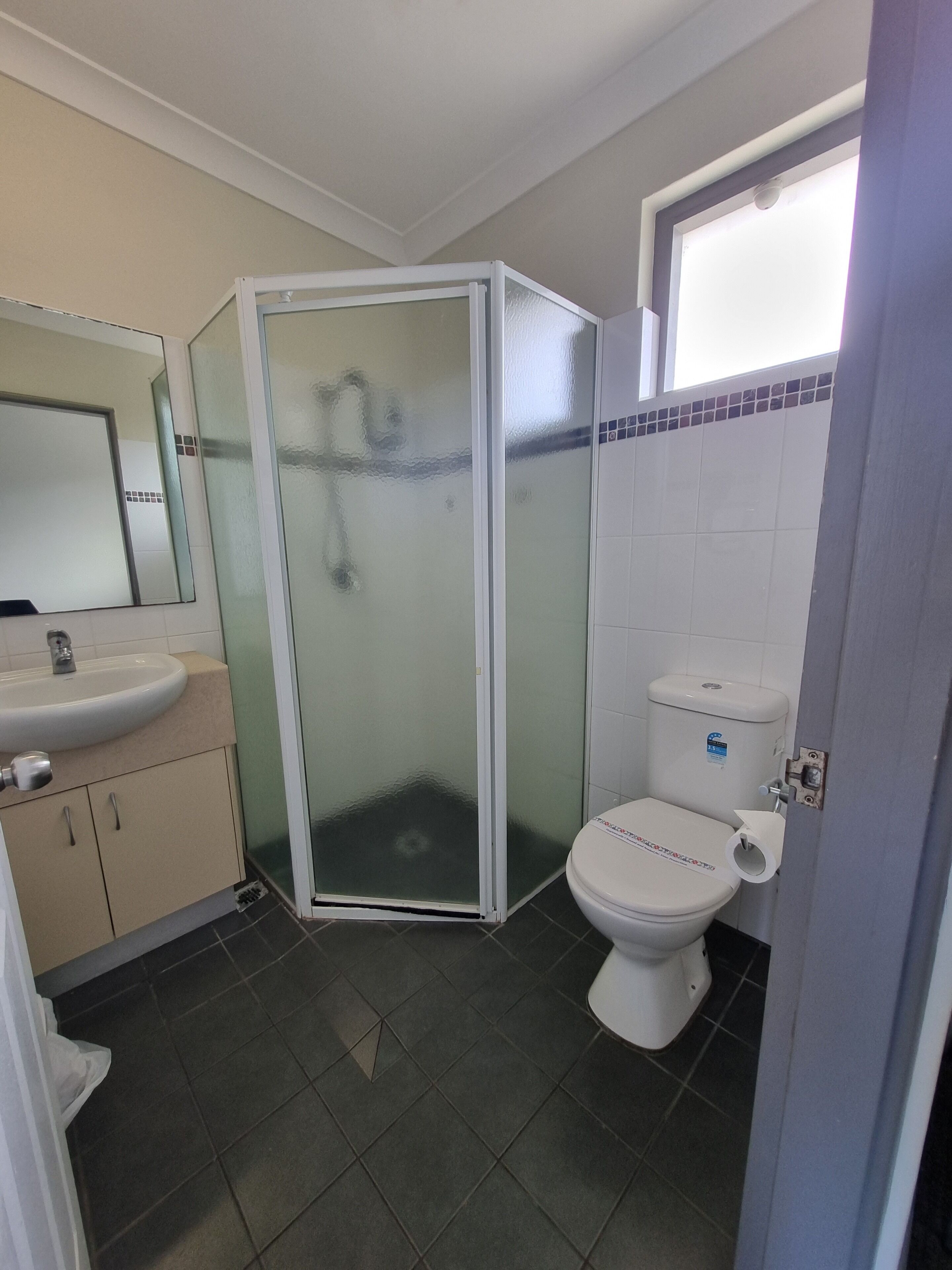 Un bagno con doccia vetrata, un water e un lavandino.