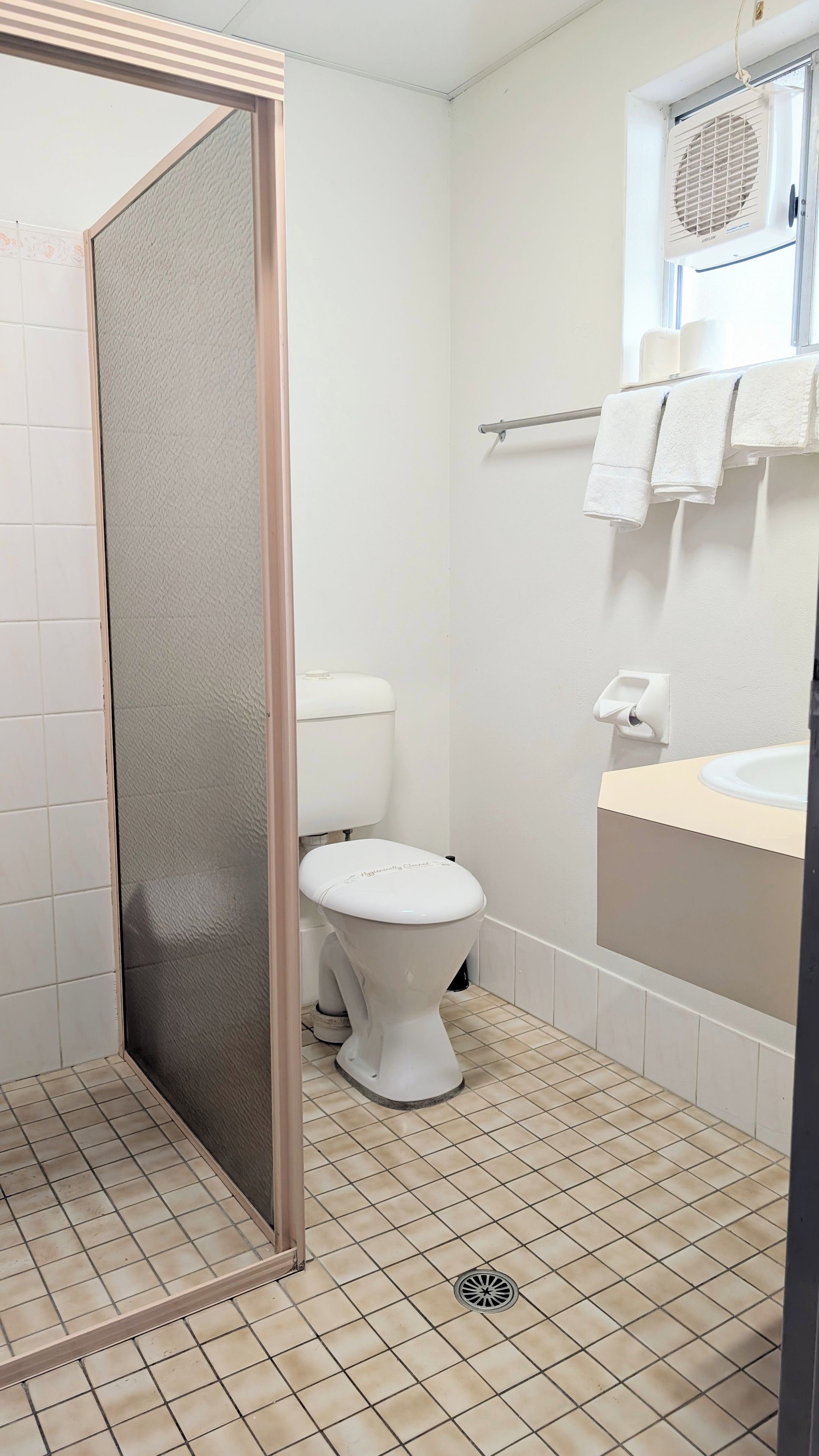 A bathroom with a toilet, a towel rack, a shower area, and a window.