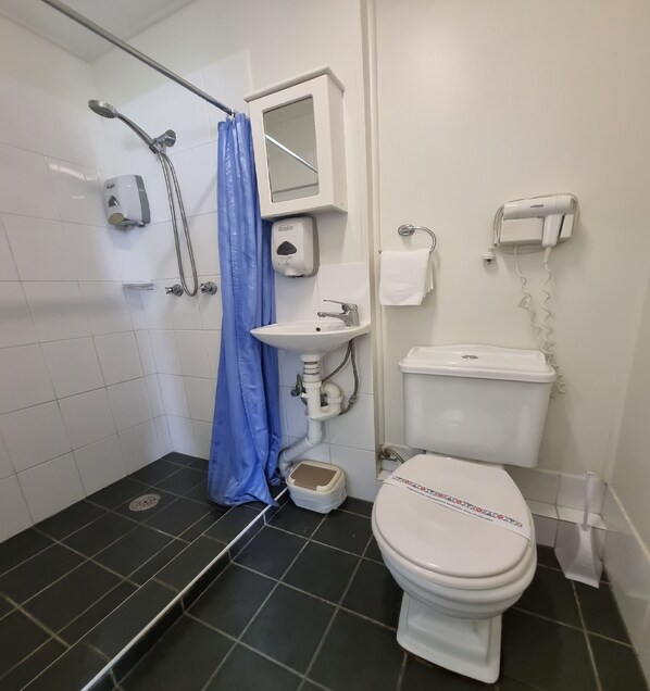 Un baño con inodoro, lavabo, ducha y un secador de manos.