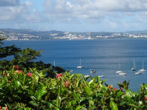 Un paisaje urbano costero con vista al mar y barcos.