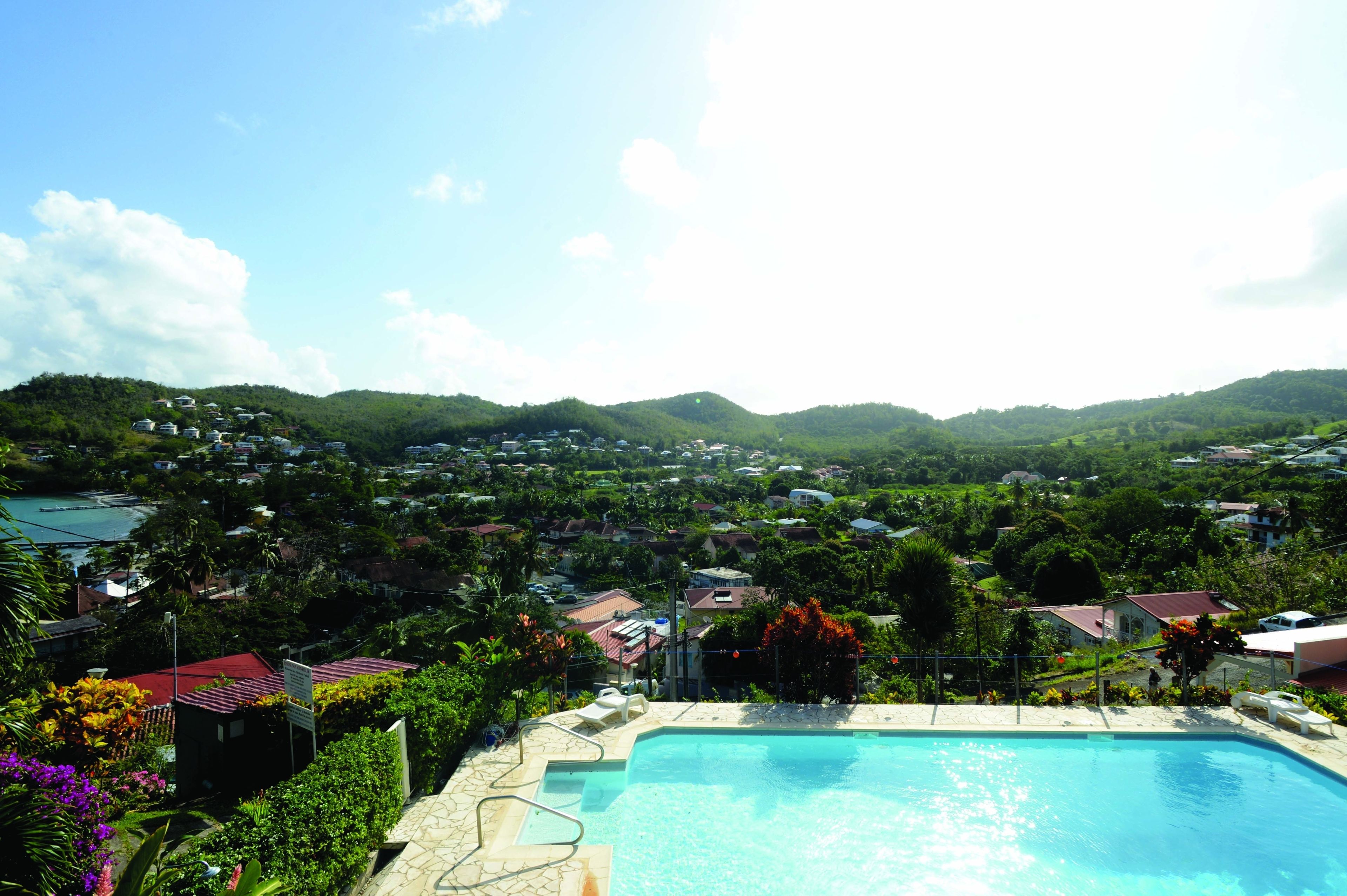 A swimming pool surrounded by lush greenery and houses in a hilly area.