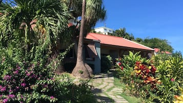 Un chemin de jardin qui mène à une maison avec un toit rouge, entourée d’une végétation luxuriante et de plantes en fleurs.