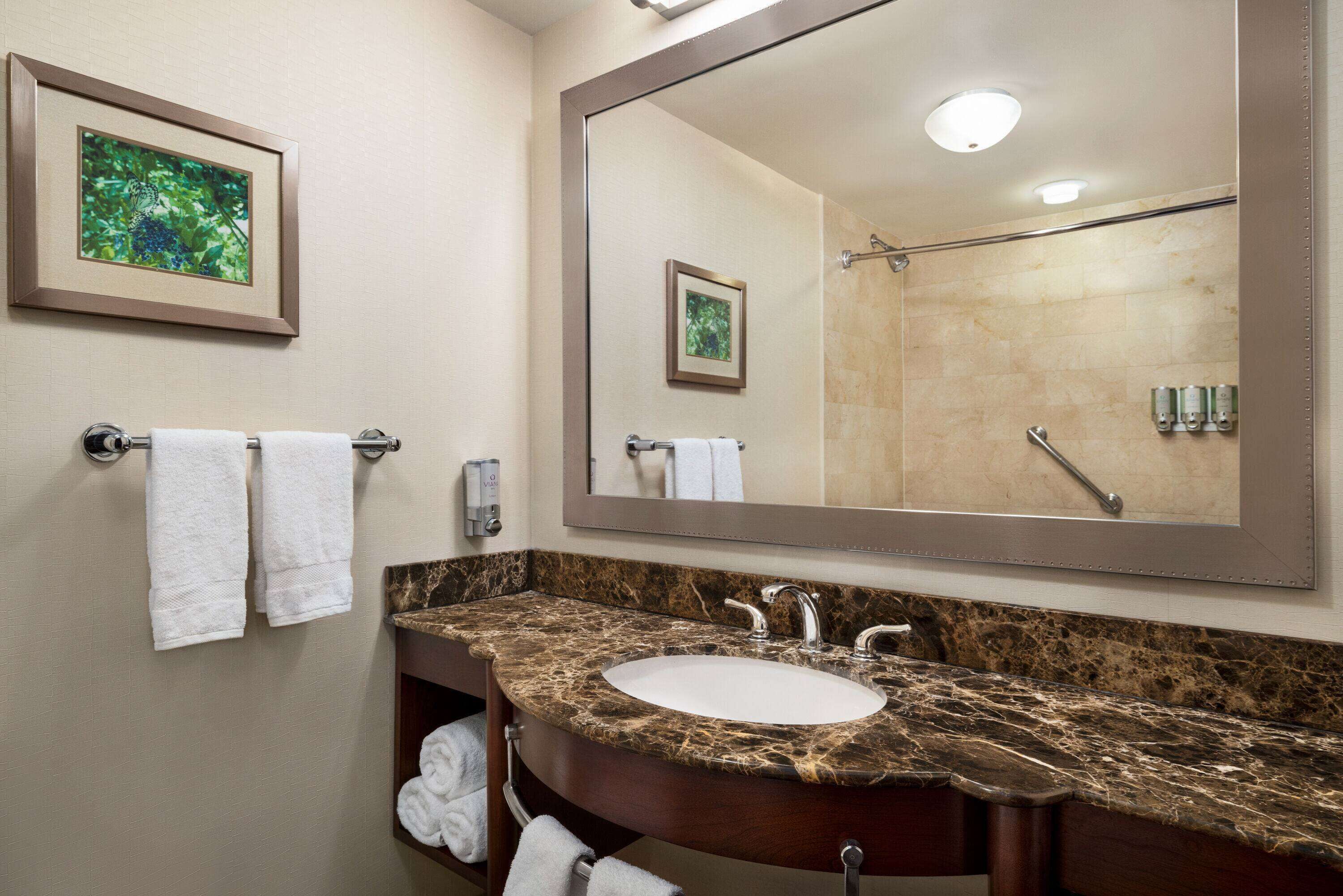 A bathroom with a marble sink, a large mirror, and two framed pictures on the wall.