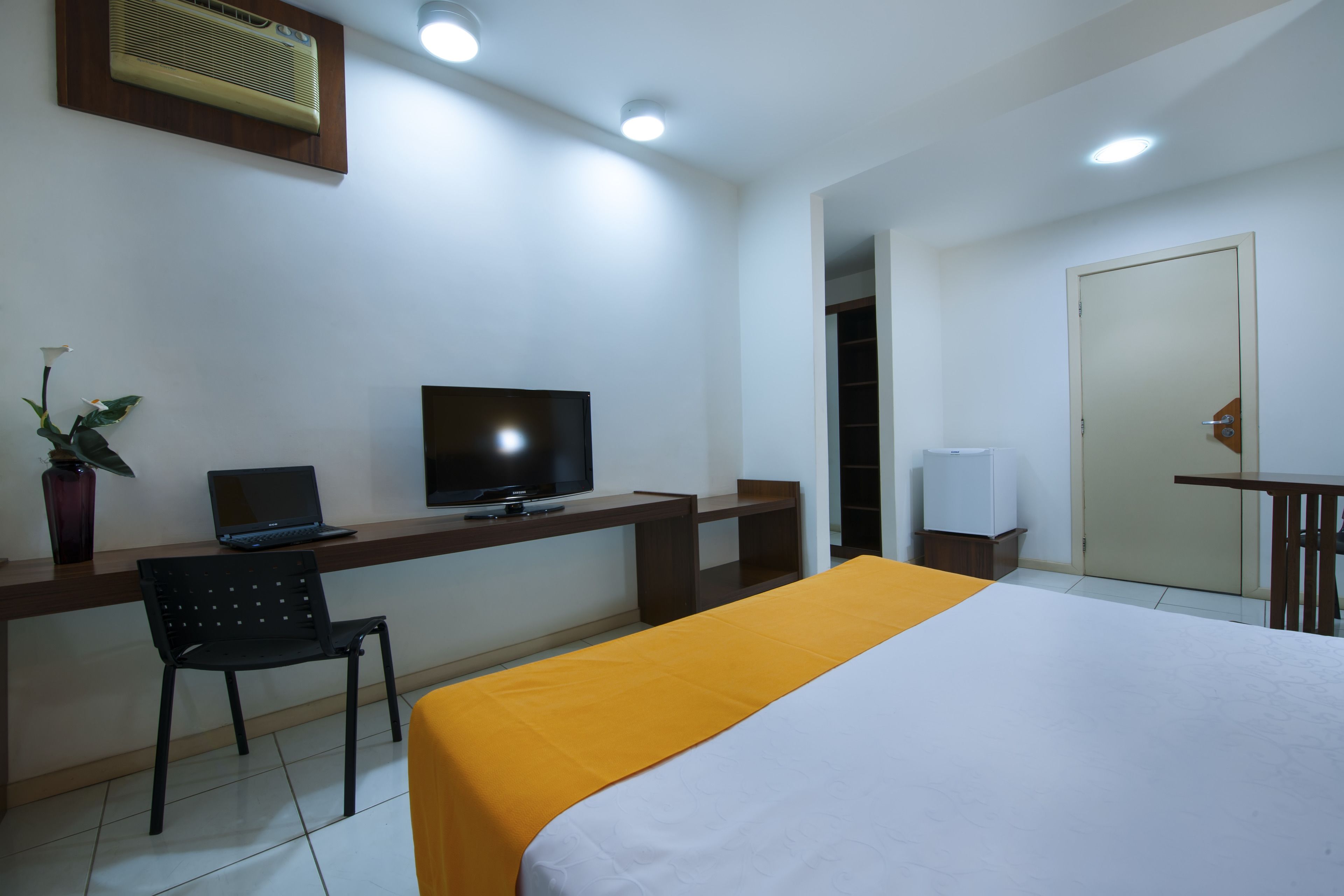 Habitación de hotel con cama, escritorio, ordenador portátil, televisor, silla, planta en maceta y puerta.