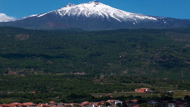A snow-capped mountain with a clear sky, surrounded by a densely forested area and a small village with red-roofed houses. - Don Diego (Linguaglossa)