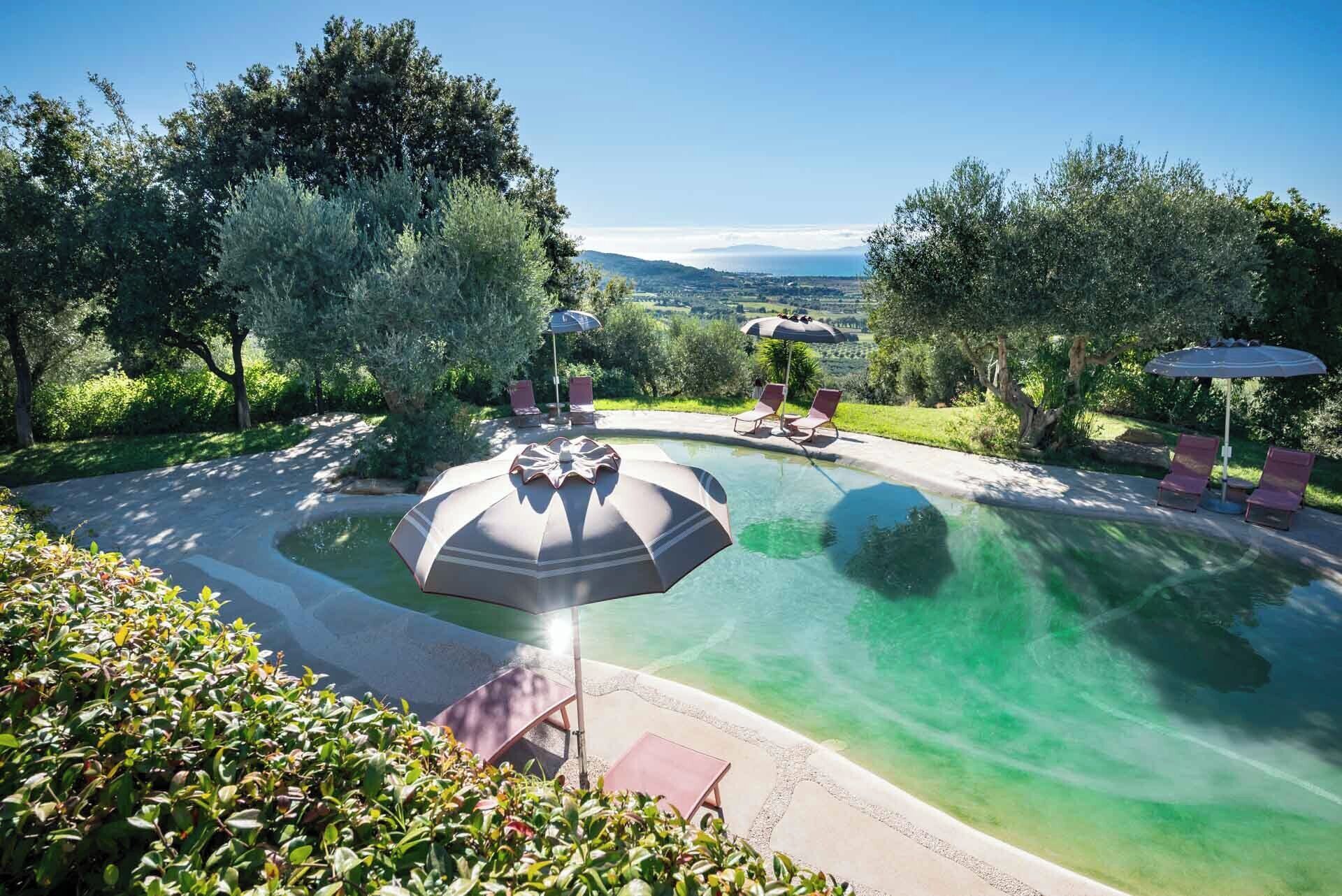 Una piscina al aire libre de temporada, sombrillas, tumbonas
